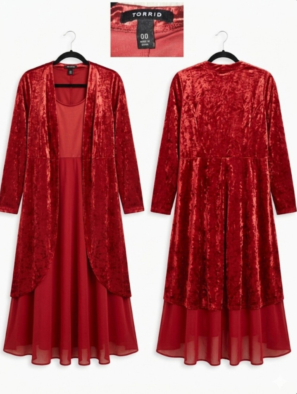 torrid Red Velvet Kimono Cardigan with Chiffon Underlay